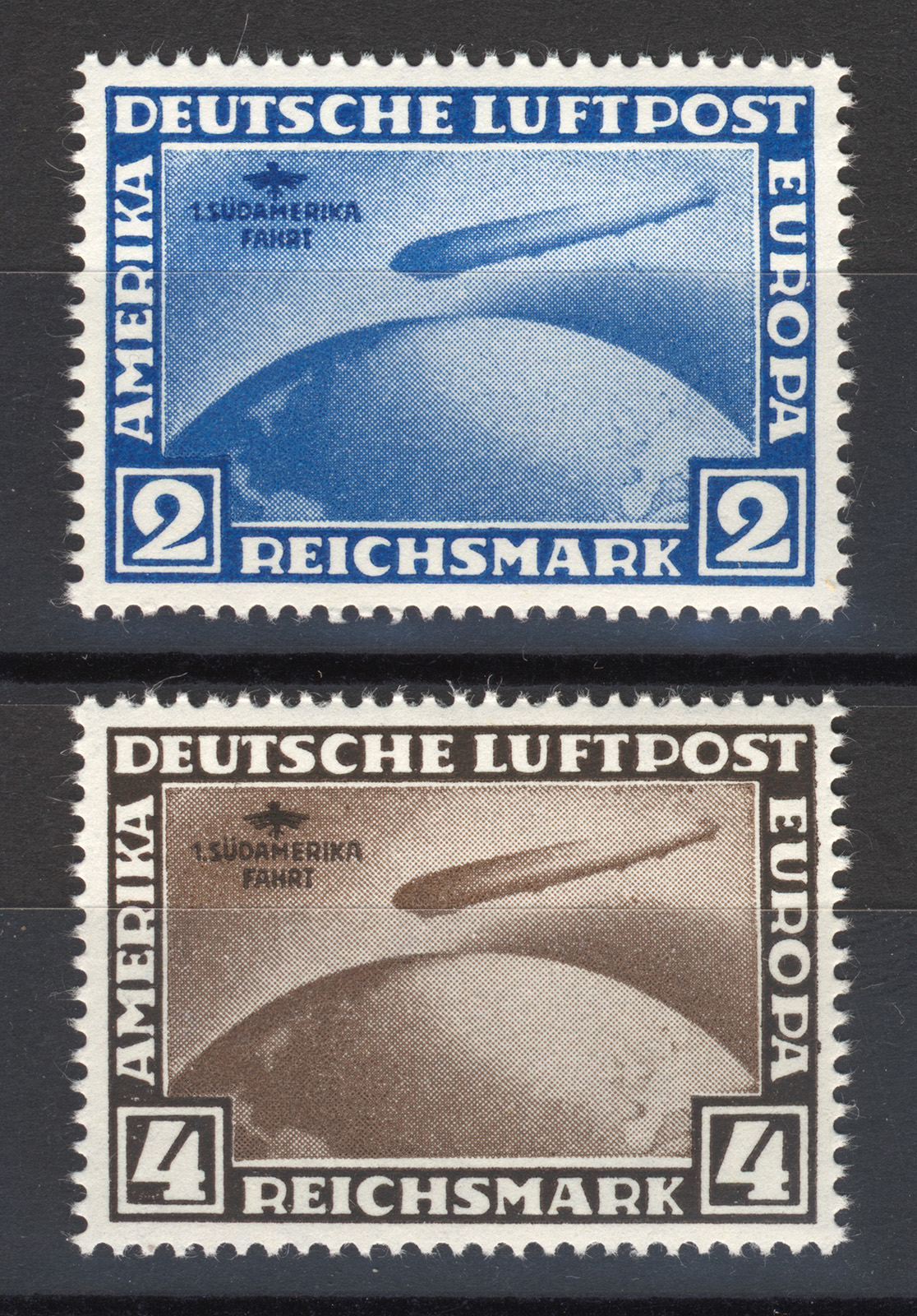 Sie erhalten den Zeppelin Satz: Südamerika-Fahrt als Nachdrucke / Reproduktion zu den Originalmarken aus dem Deutschen Reich von 1930