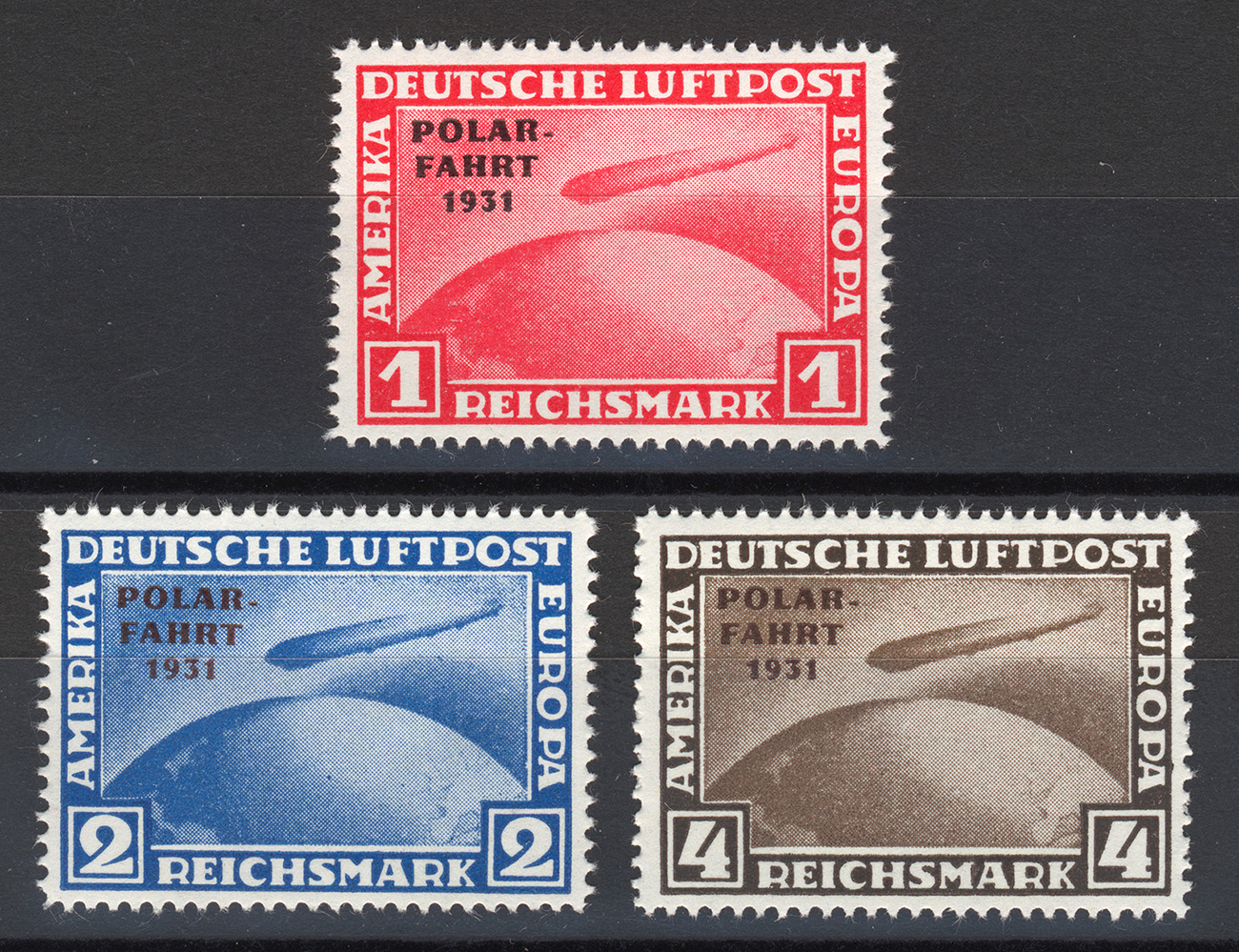 Sie erhalten den Zeppelin Satz: Polar-Fahrt als Nachdrucke / Reproduktion zu den Originalmarken aus dem Deutschen Reich von 1931