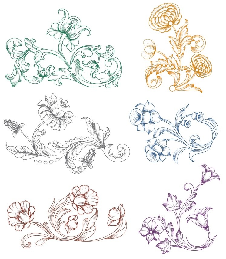 Baroque Vintage Floral Ornament Set Outline