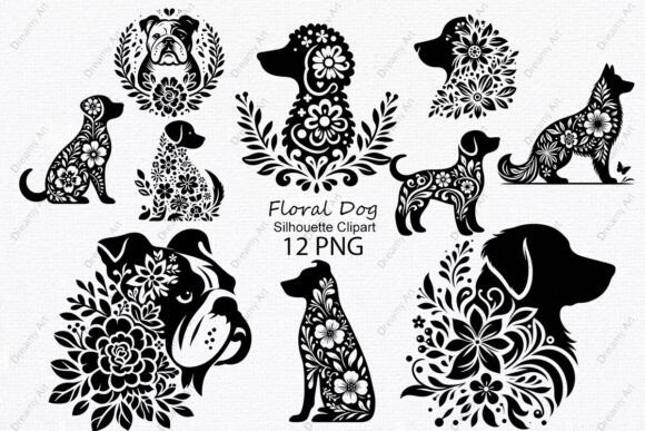 Floral Dog PNG Silhouette Clipart